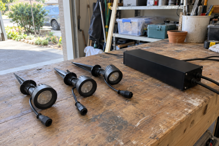 LED power supply and disconnected garden spotlights on a garage workbench