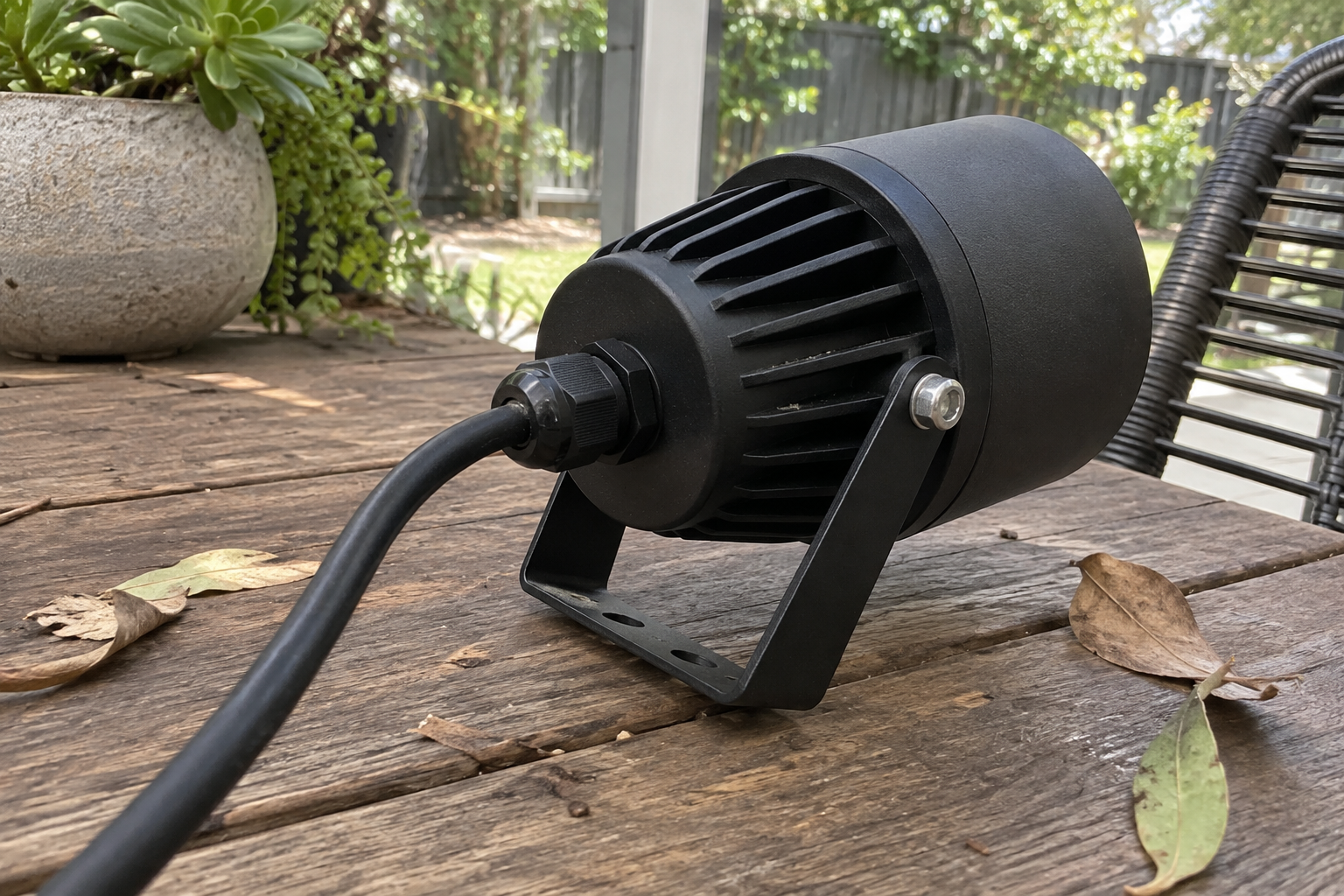Rear housing and cable entry of a garden spotlight