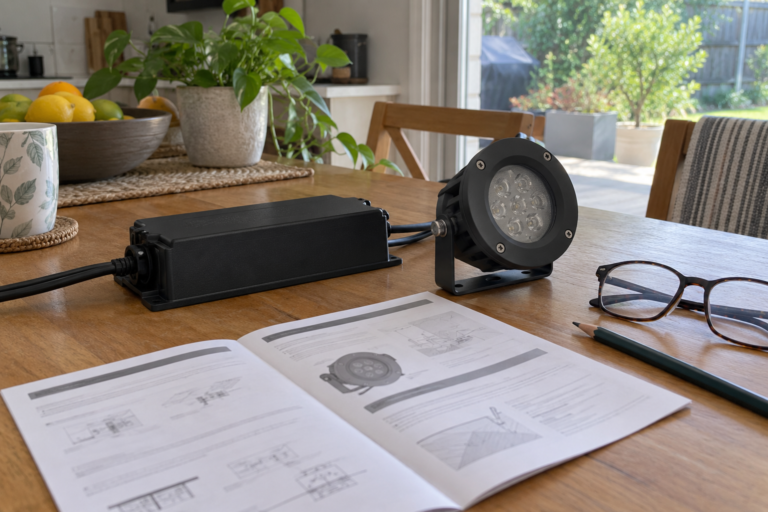 Lighting power supply and outdoor fitting beside an instruction booklet