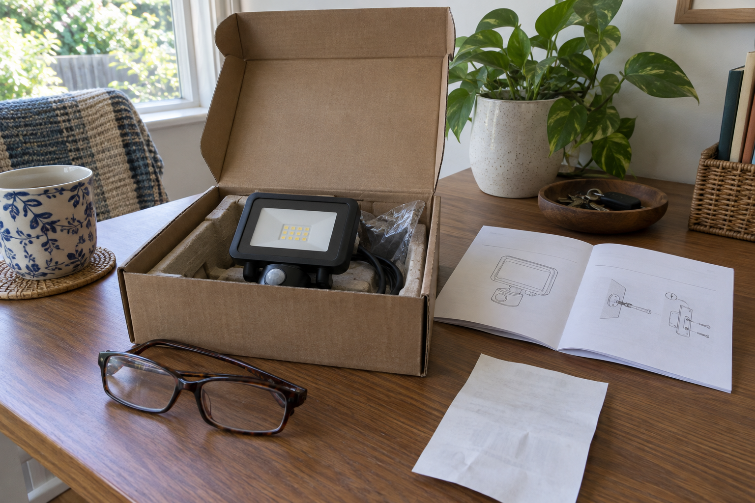 Outdoor light and purchase paperwork on a home desk