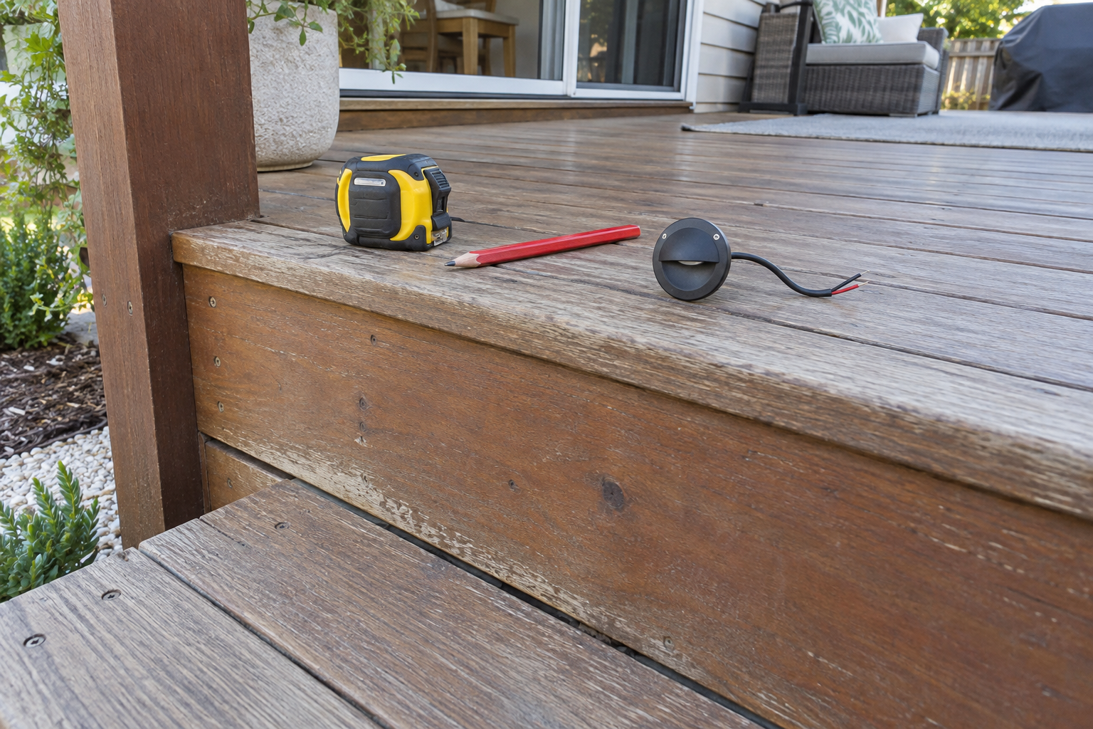 Tape measure, pencil and uninstalled step light on a deck