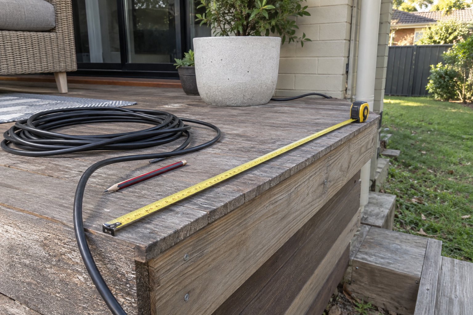 Tape measure and coiled cable on a timber deck