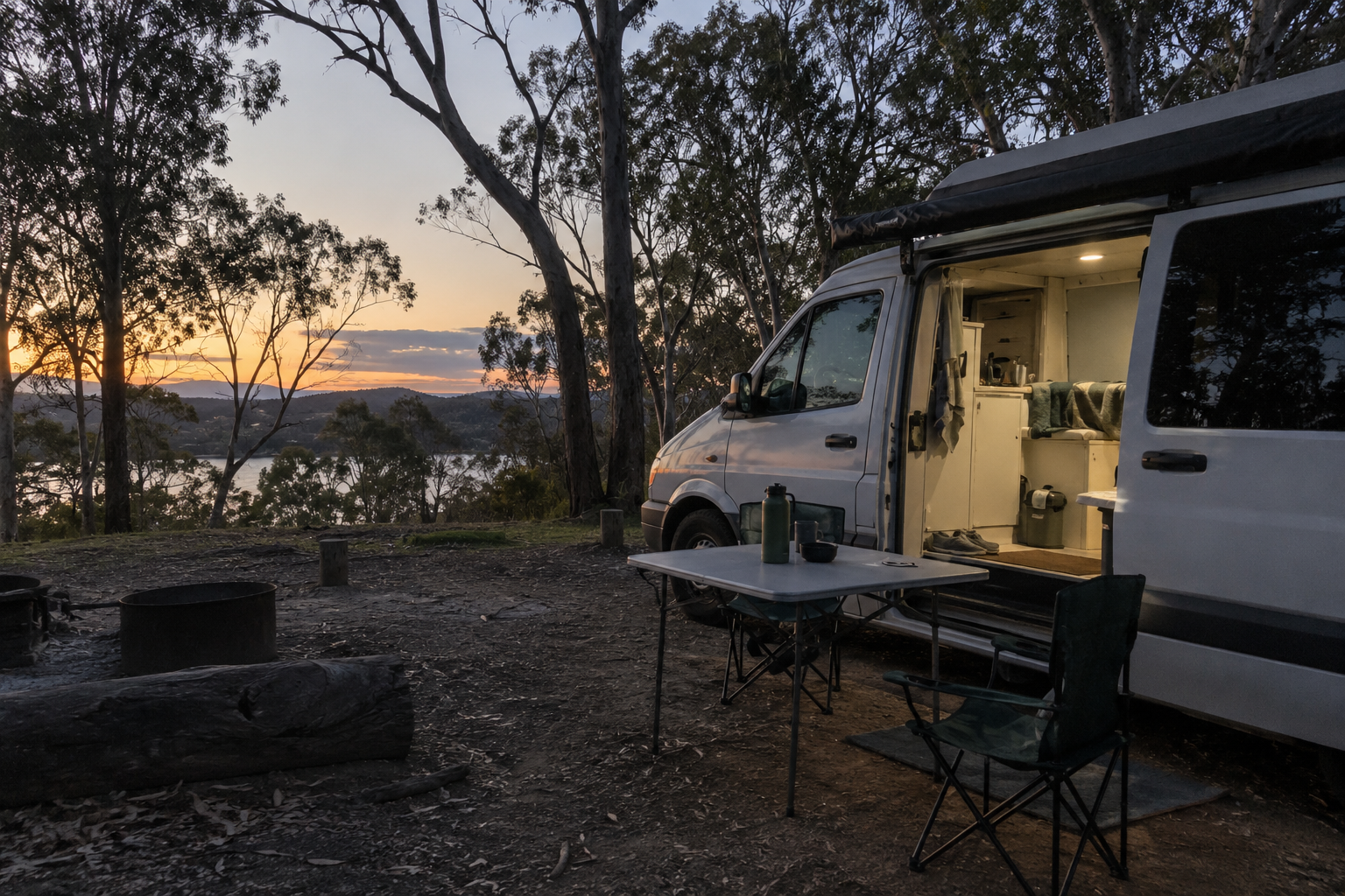 Campervan with warm interior lighting at a bush campsite