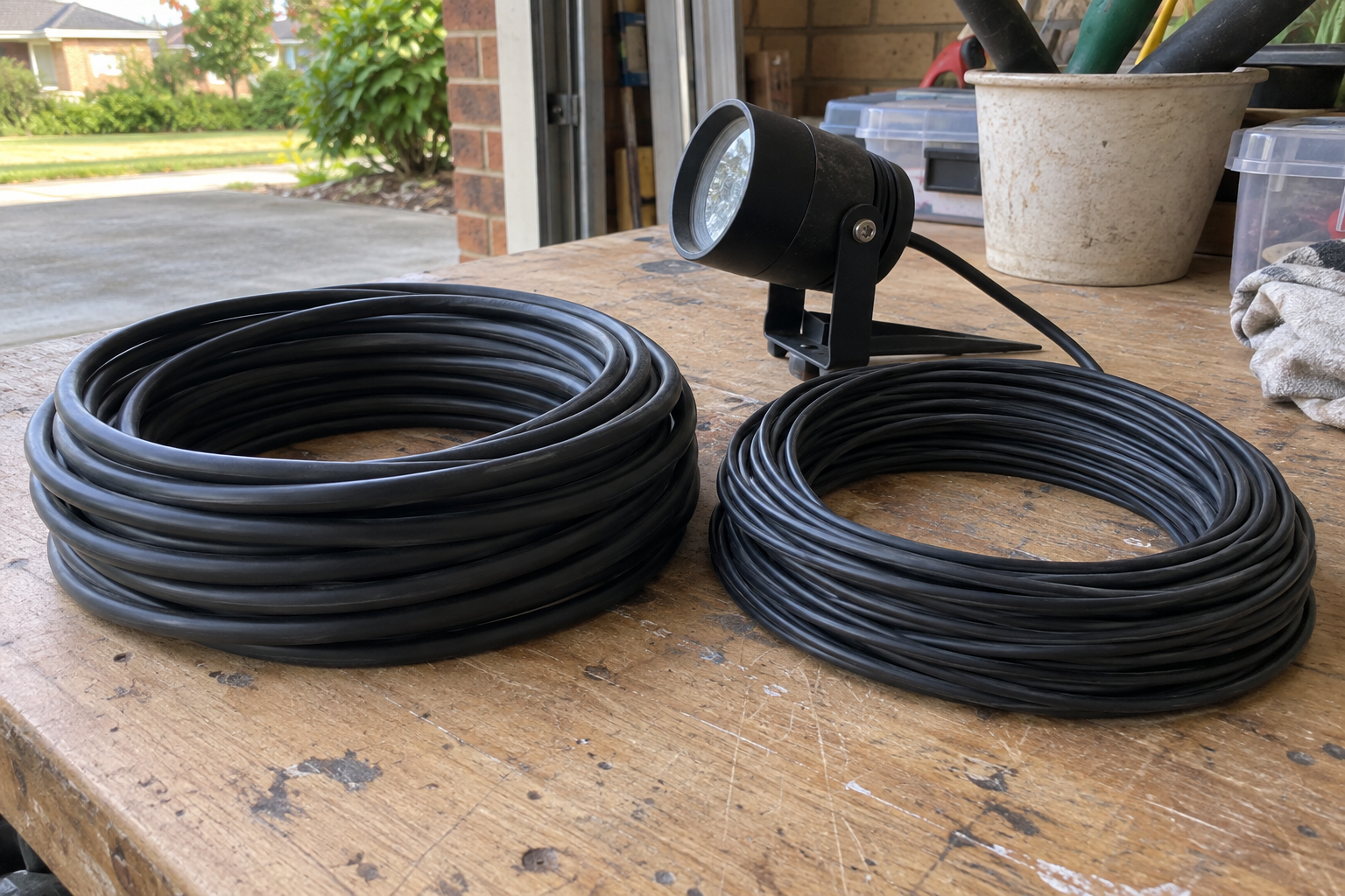 Two coils of lighting cable beside a garden spotlight
