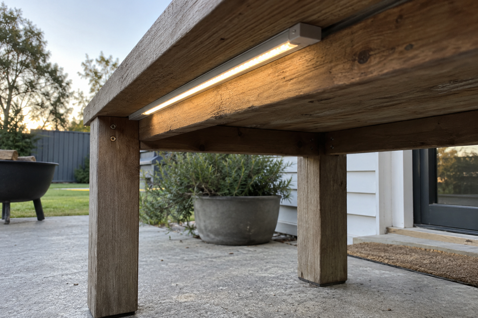 Warm LED strip mounted beneath a weathered timber bench