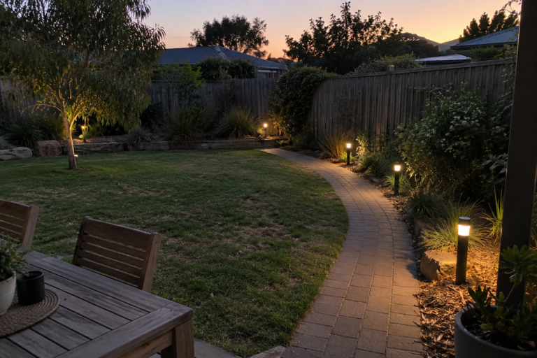 Warm path lighting beside a curved garden path at dusk