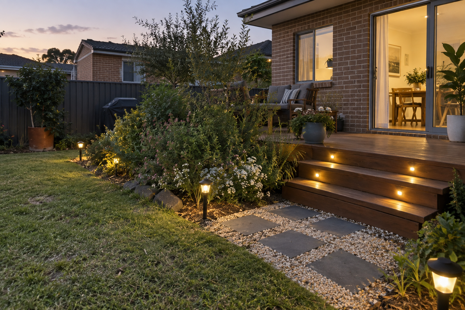 Garden path lights and illuminated timber steps at dusk