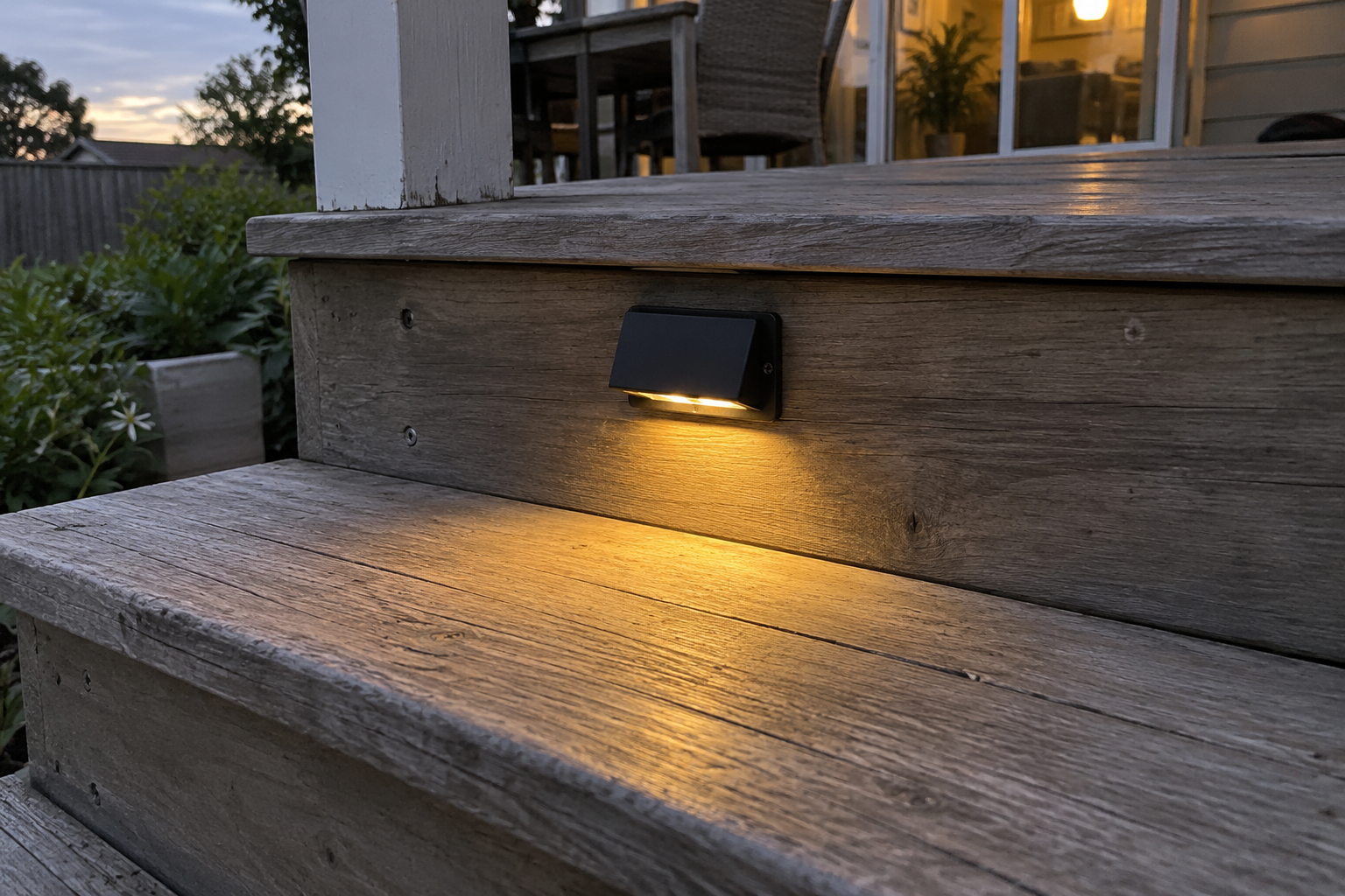 Shielded step light illuminating the timber tread below