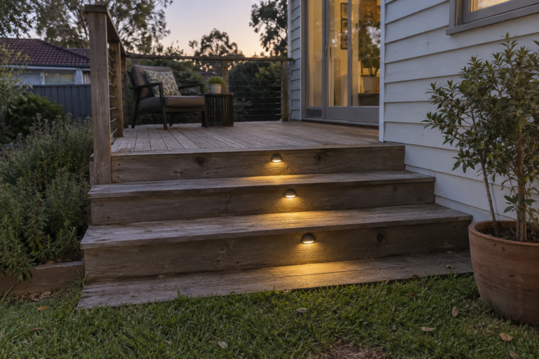 Warm step lights illuminating weathered timber deck steps