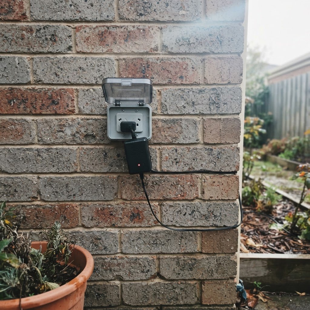 Low voltage garden lighting transformer plugged into an outdoor power point